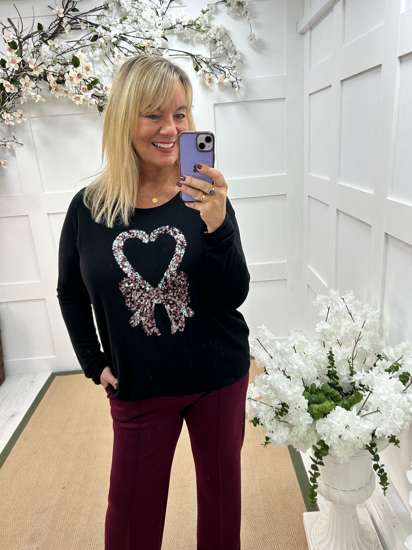 Harmony: Black sequin Christmas candy cane top. One size: 14-18