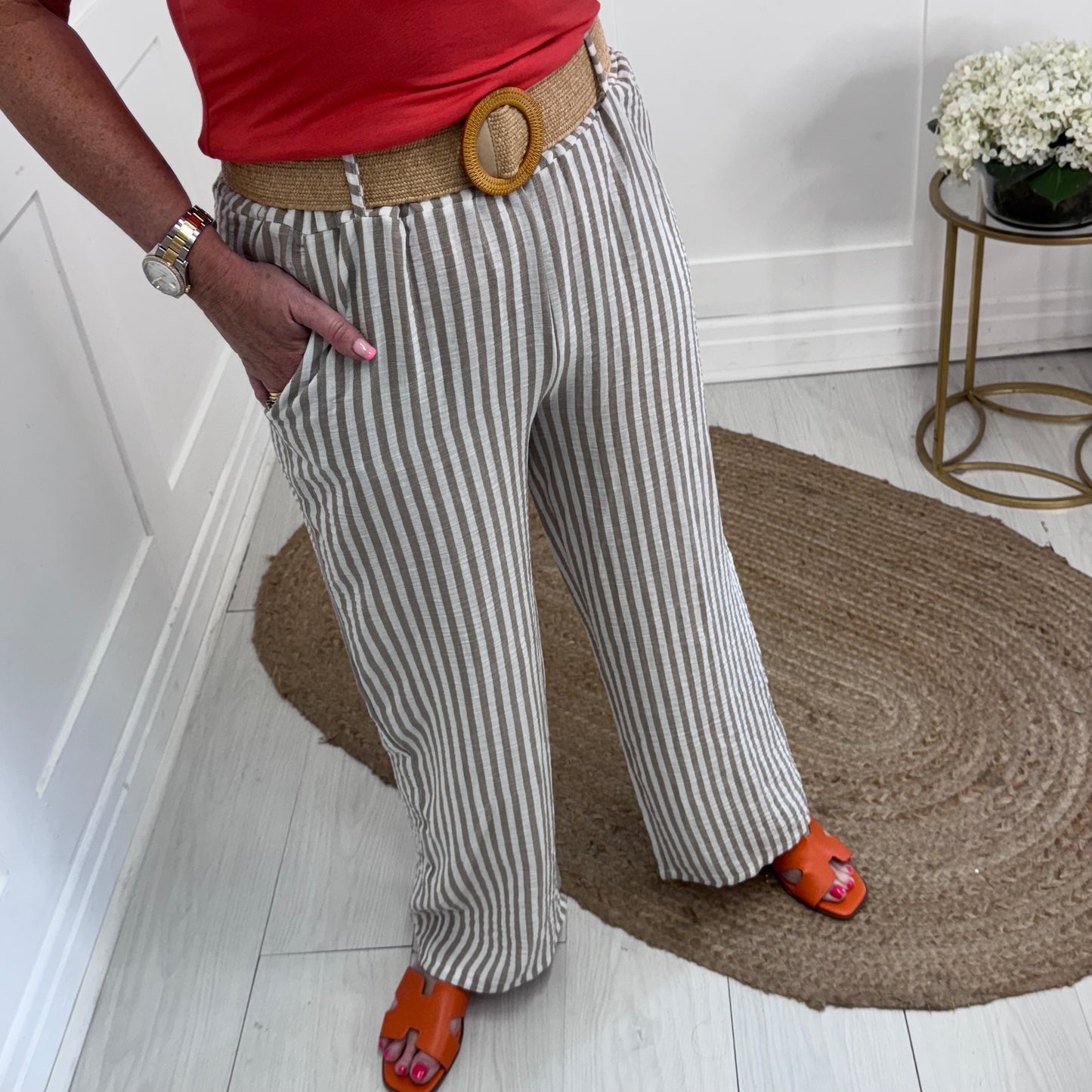 Tiff: Beige stripe wide leg belted trousers. One size: 8-14