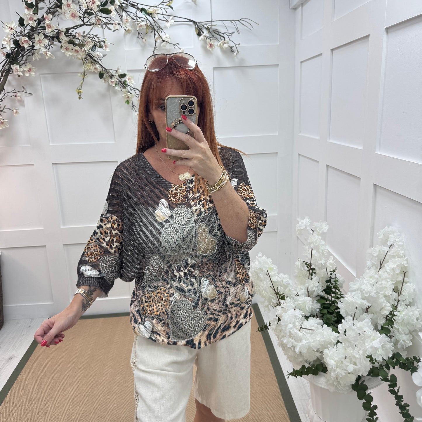 Luna: Brown leopard print heart V neck top. One size: 12-18