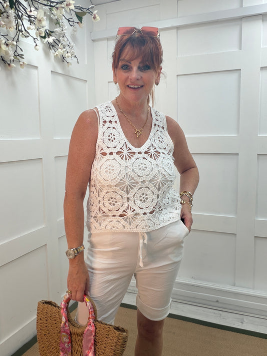 Lula: Sleeveless crochet short top. One size: 10-14. 4 colours