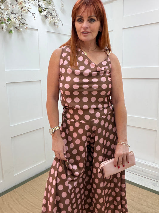 Lucia: Brown & pink spot co ord trouser set. One size 8-12