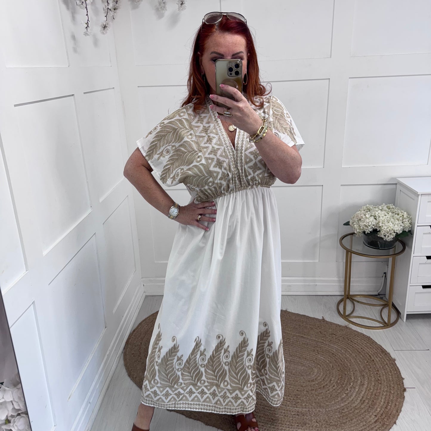 Gemma: White & gold embroidered midi dress. One size: 12-18