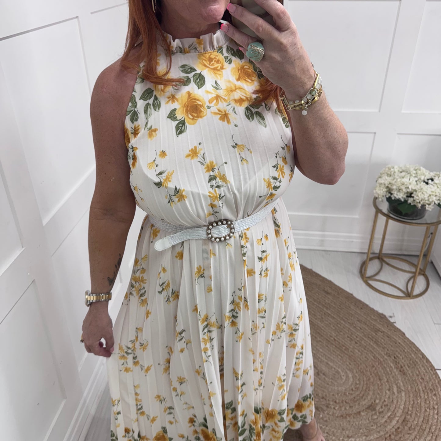 Carla: White & lemon floral pleated midi dress. One size 16-20/22