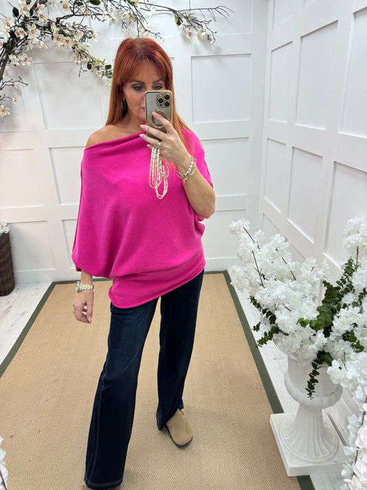 Samantha: Hot pink asymmetrical slouch top. One size 10-18