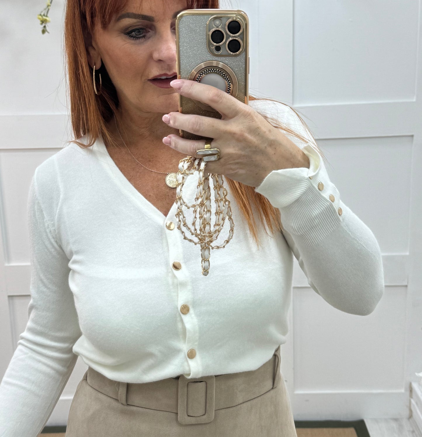 Katy: White V neck button sleeve top/cardigan. 2 sizes