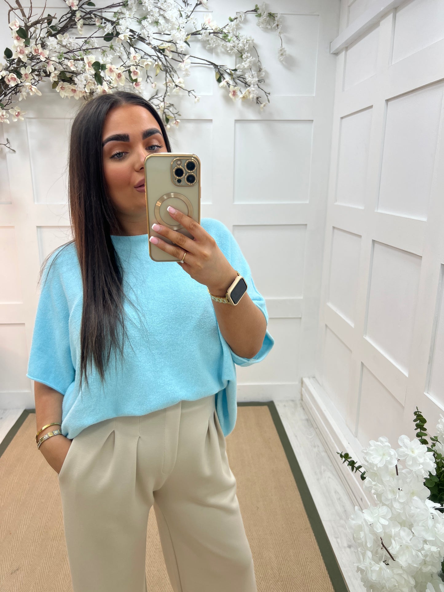 Carrie: Blue short knitted top. One size: 12-18/20