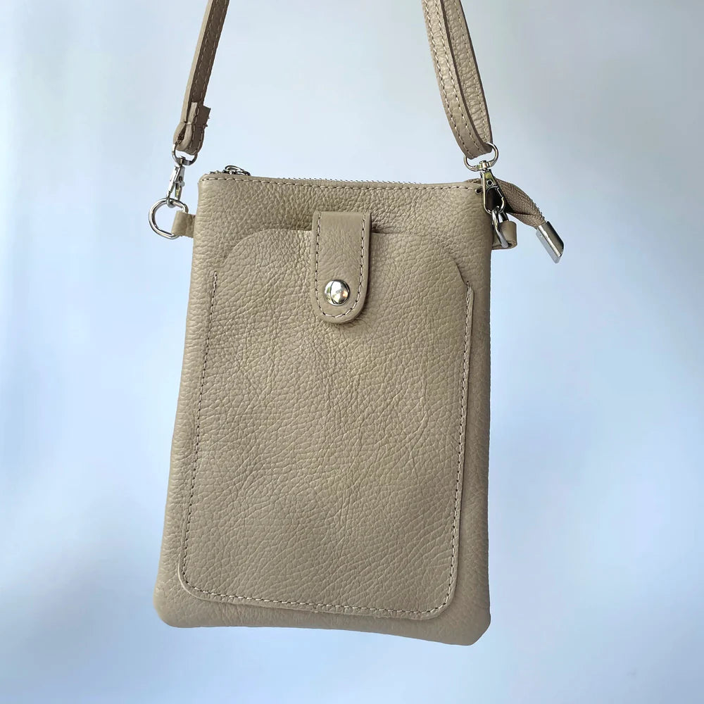 Petra: Taupe Italian leather phone cross body bag
