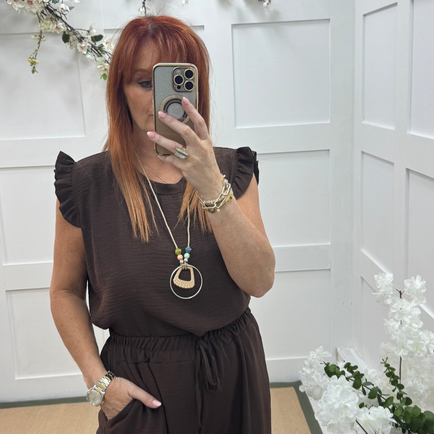 Ember: Brown frill sleeve top & pendant. One size: 14-20