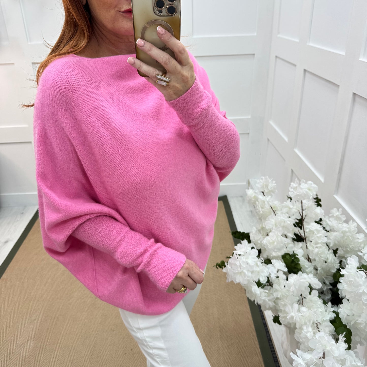 Erica: Pink asymmetrical slouch soft knit top. One size 10-18