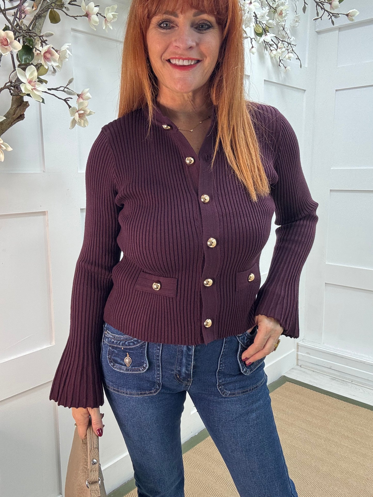 Verity: Burgundy gold button cardigan top. One Sz: 10-16