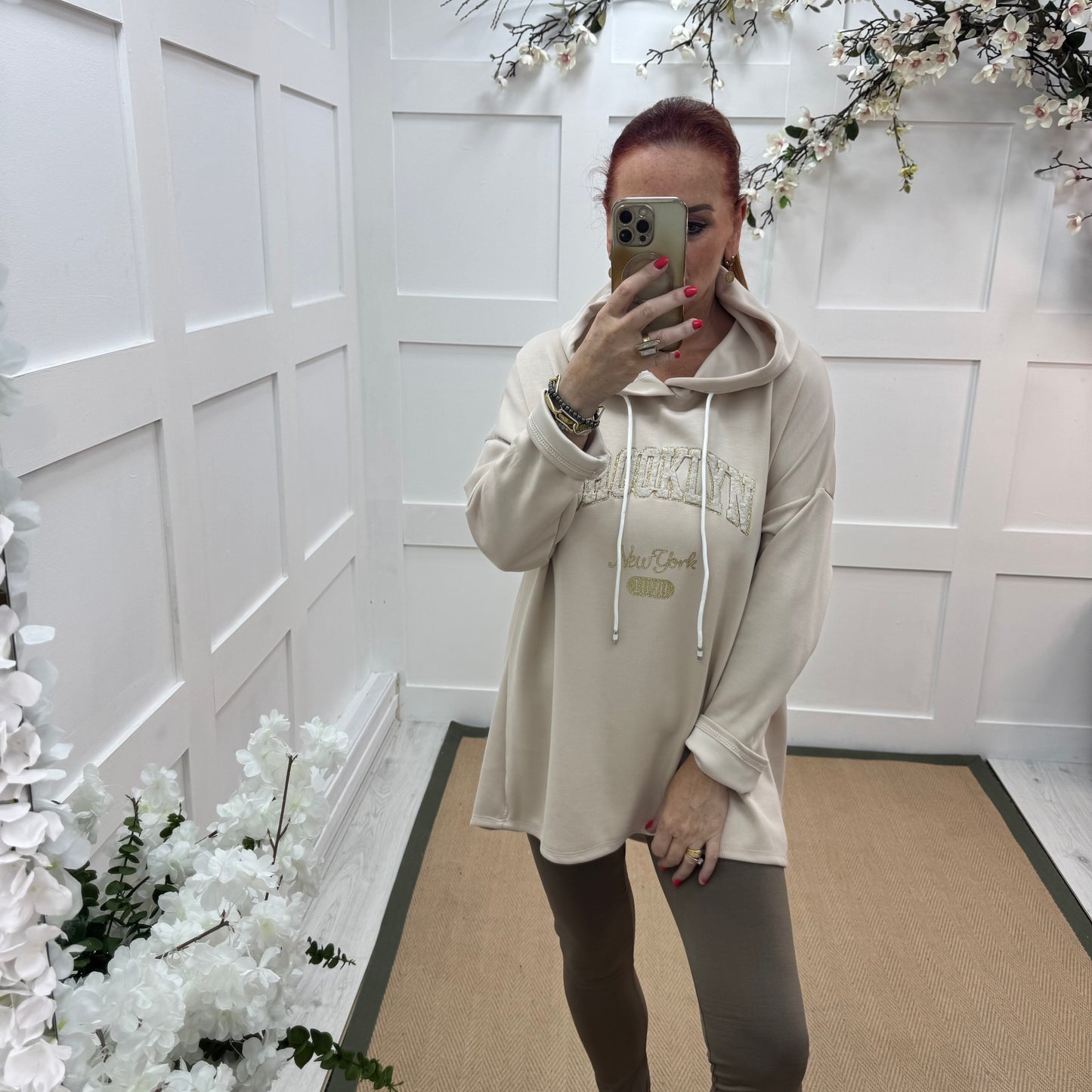 Madison: Cream Brooklyn logo hoodie. One size: 12-18
