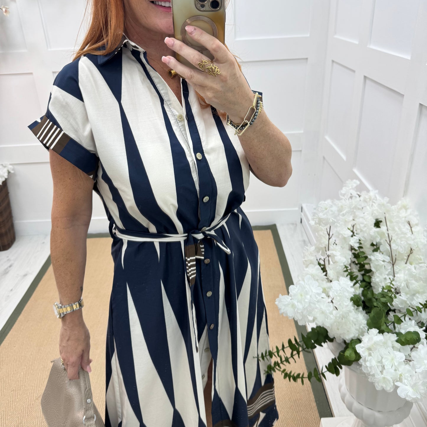 Odessa: Navy blue diamond print shirt dress. One size 12-16