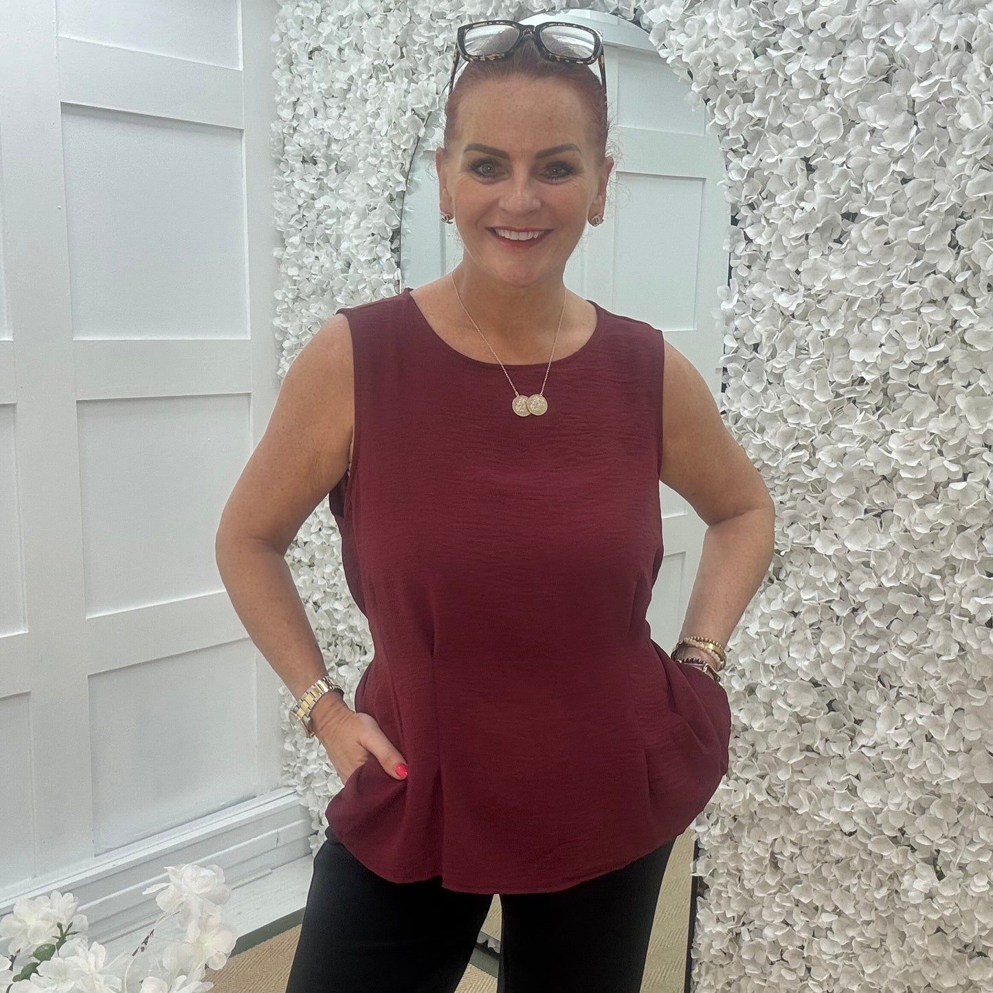 Maisie: Burgundy tie waist peplum top. One size: 14-18