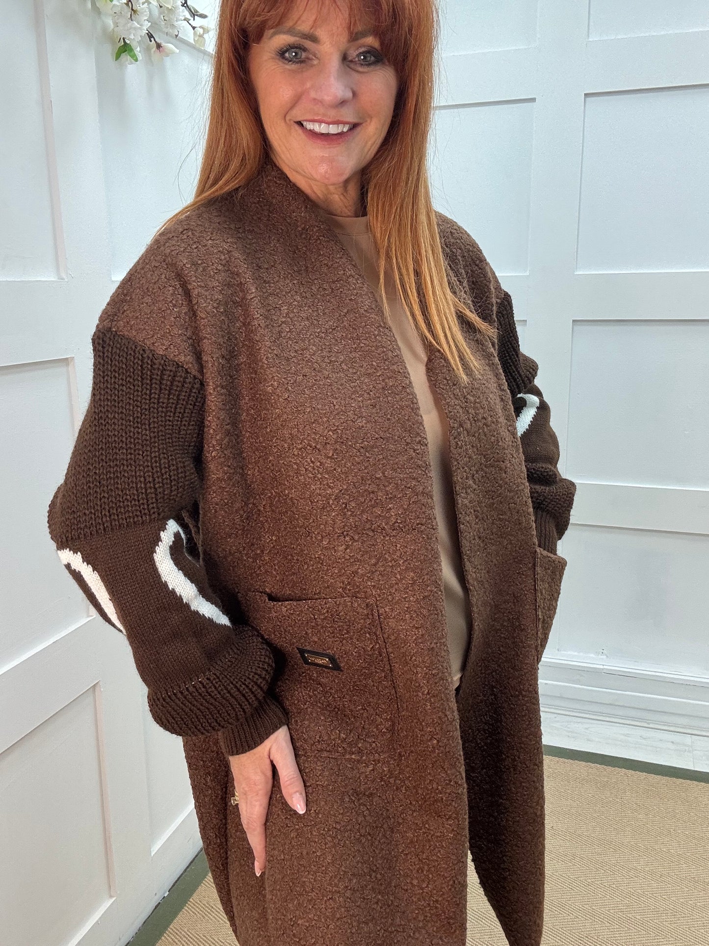 Kara: Brown boucle long edge to edge coat. One size 10 - 18