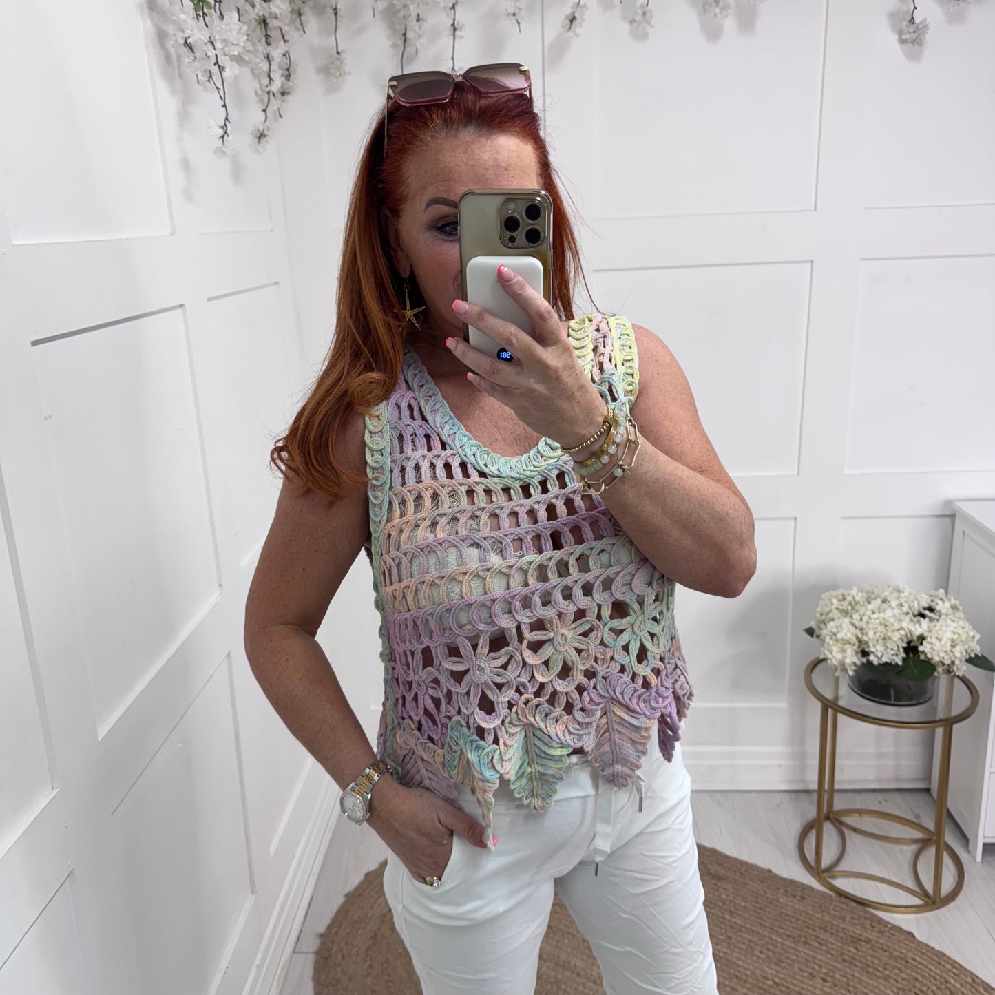 Scarlet: Multicoloured crochet vest top. One size: 12-18