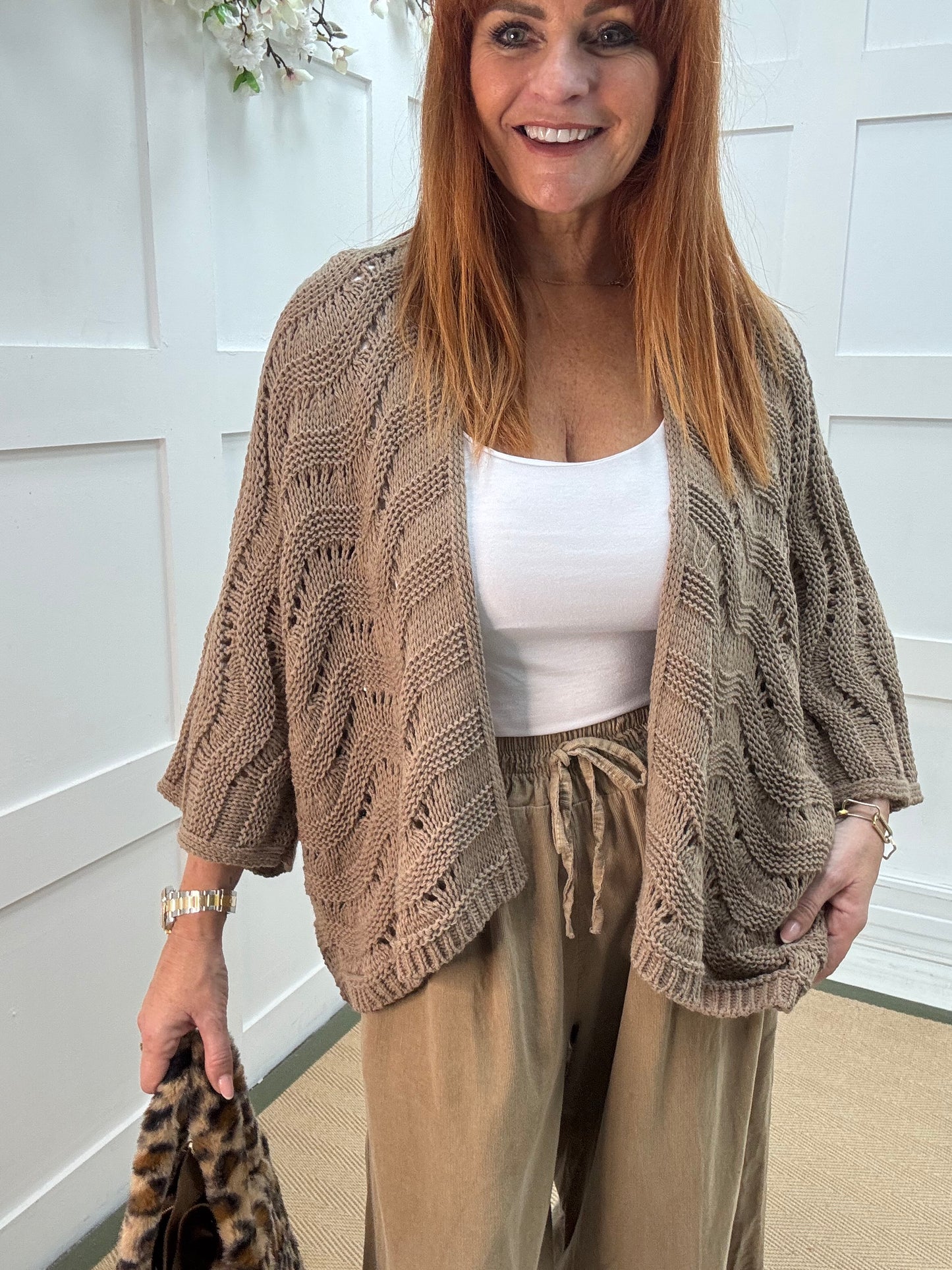 Vicky: Mocha knitted batwing cardigan. One size: 10-20
