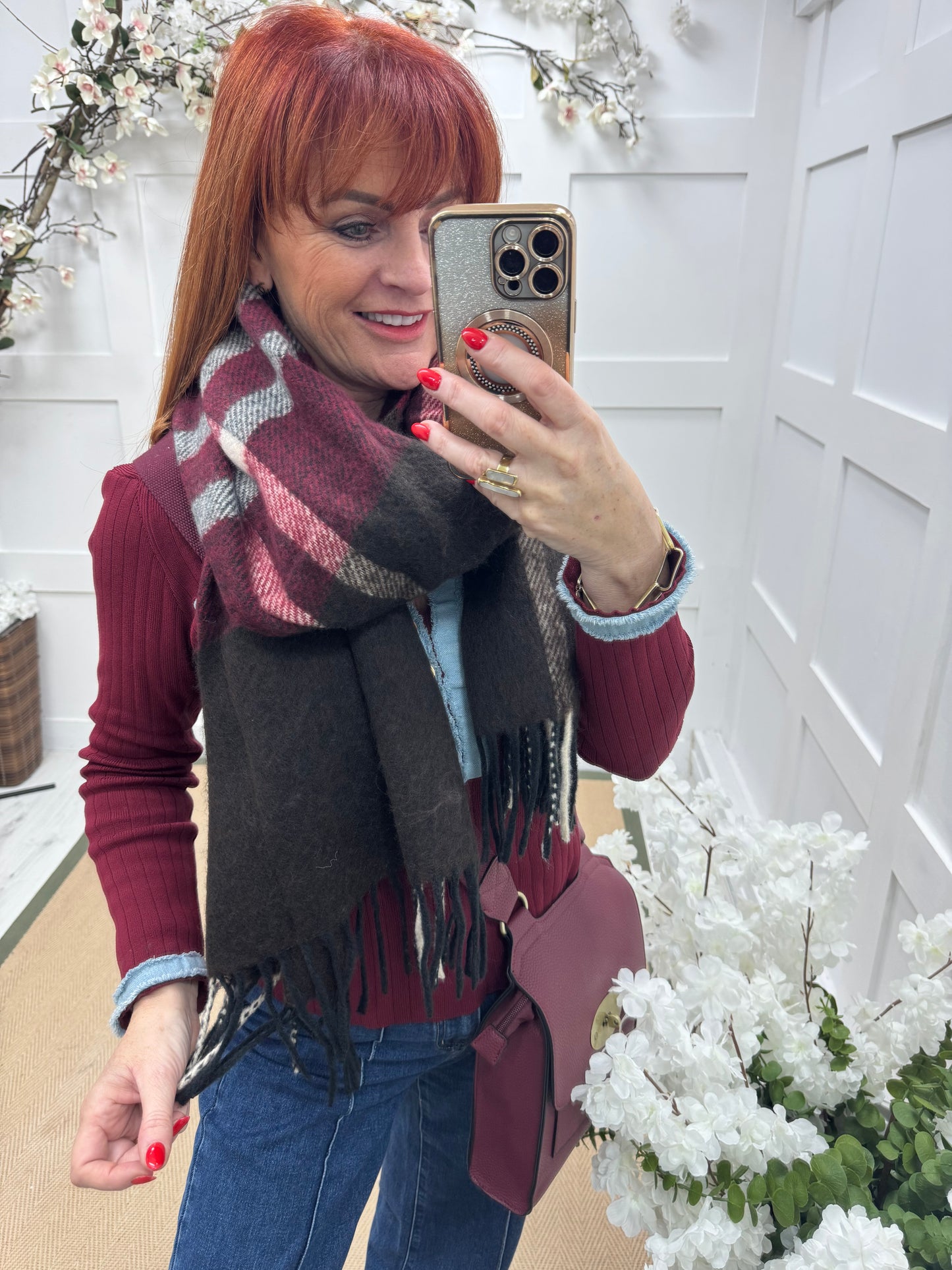 Britt: Burgundy check designer inspired cashmere blend scarf