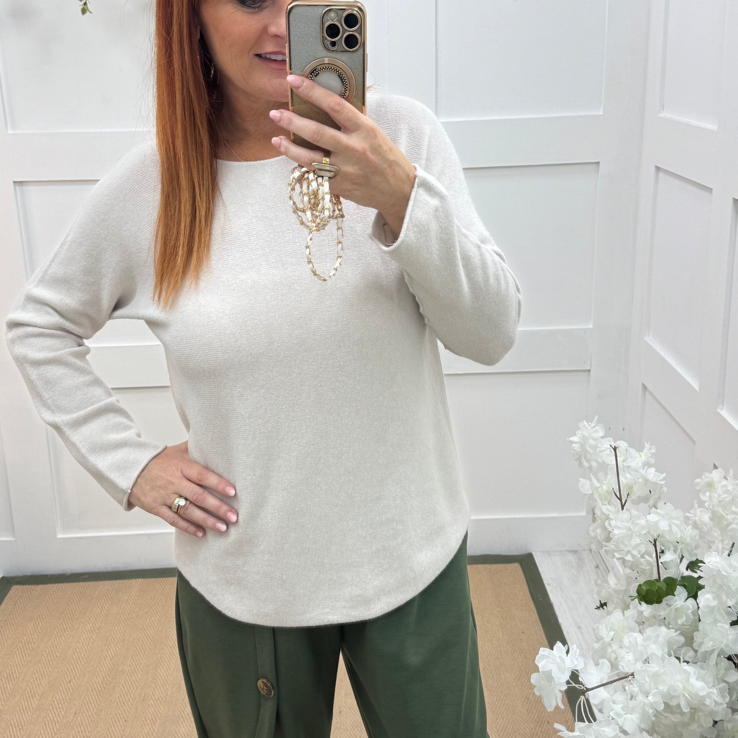 Mindy: Cream plain long sleeve knit top. One size: 10-16/18