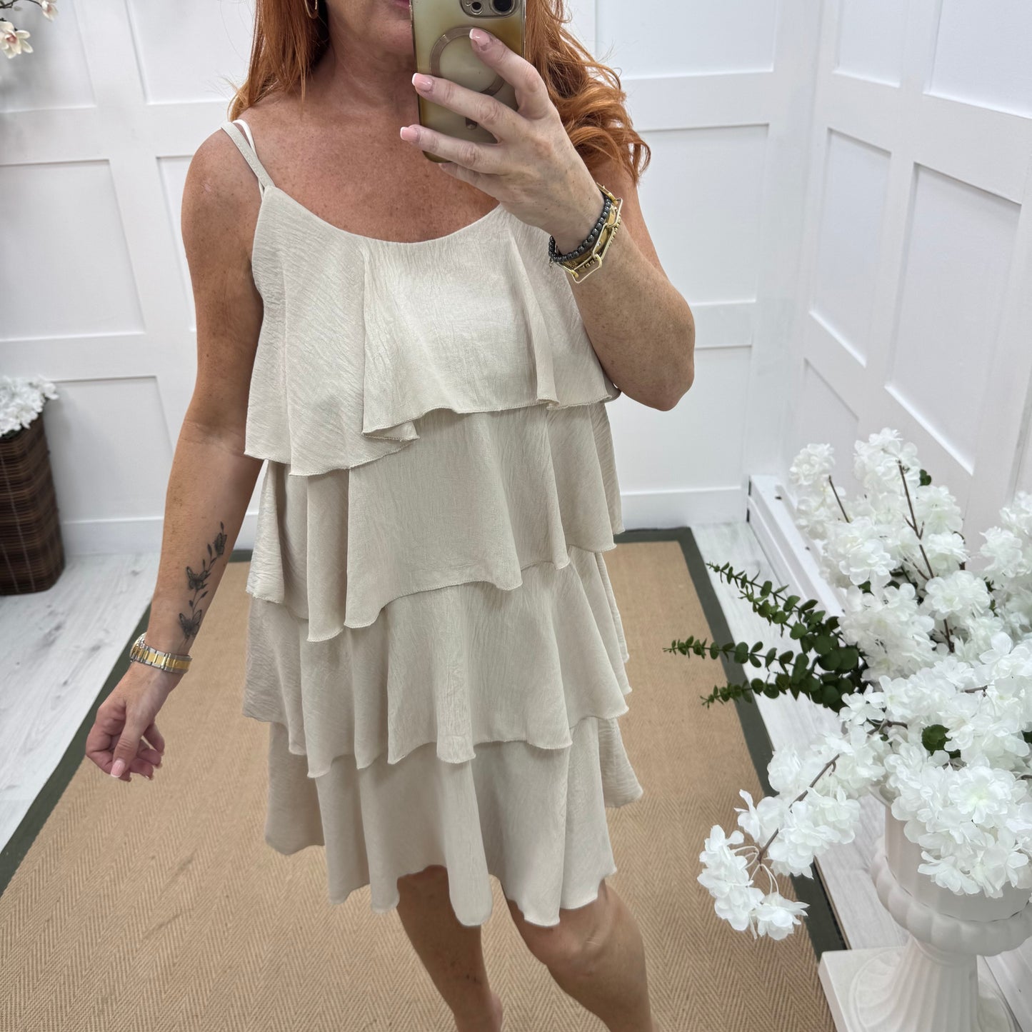 Rachel: Cream short tiered rara dress. One size 8-16