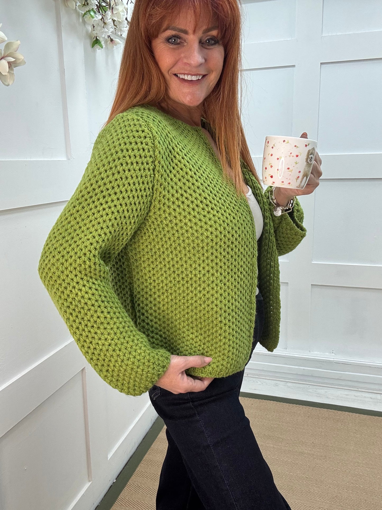 Skye: Lime knitted boxcut cardigan. One size: 10-18