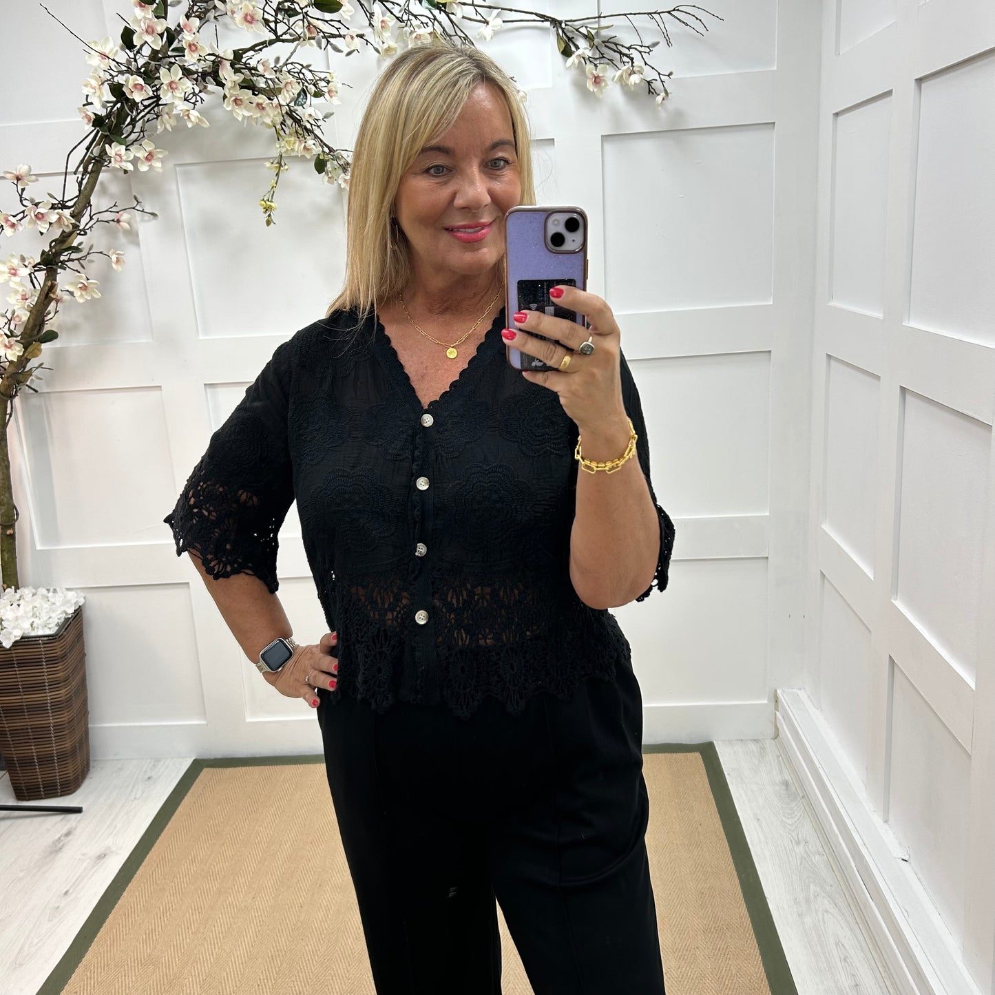 Effie: Black embroidered cardigan top. One size: 12-18