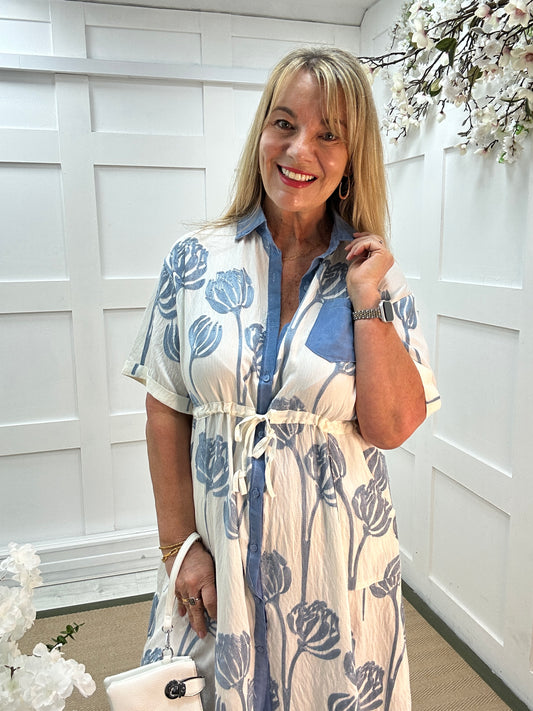 Mila: White & blue short sleeve shirt dress. 2 sizes.