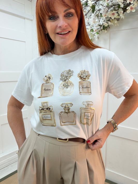 Priya: White & beige 3D perfume T shirt. One size: 12-18