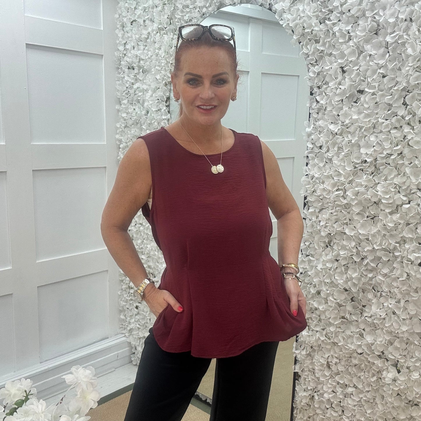 Maisie: Burgundy tie waist peplum top. One size: 14-18