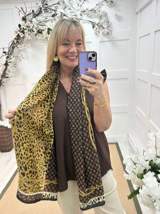 Liza: Brown leopard print designer inspired scarf. One size
