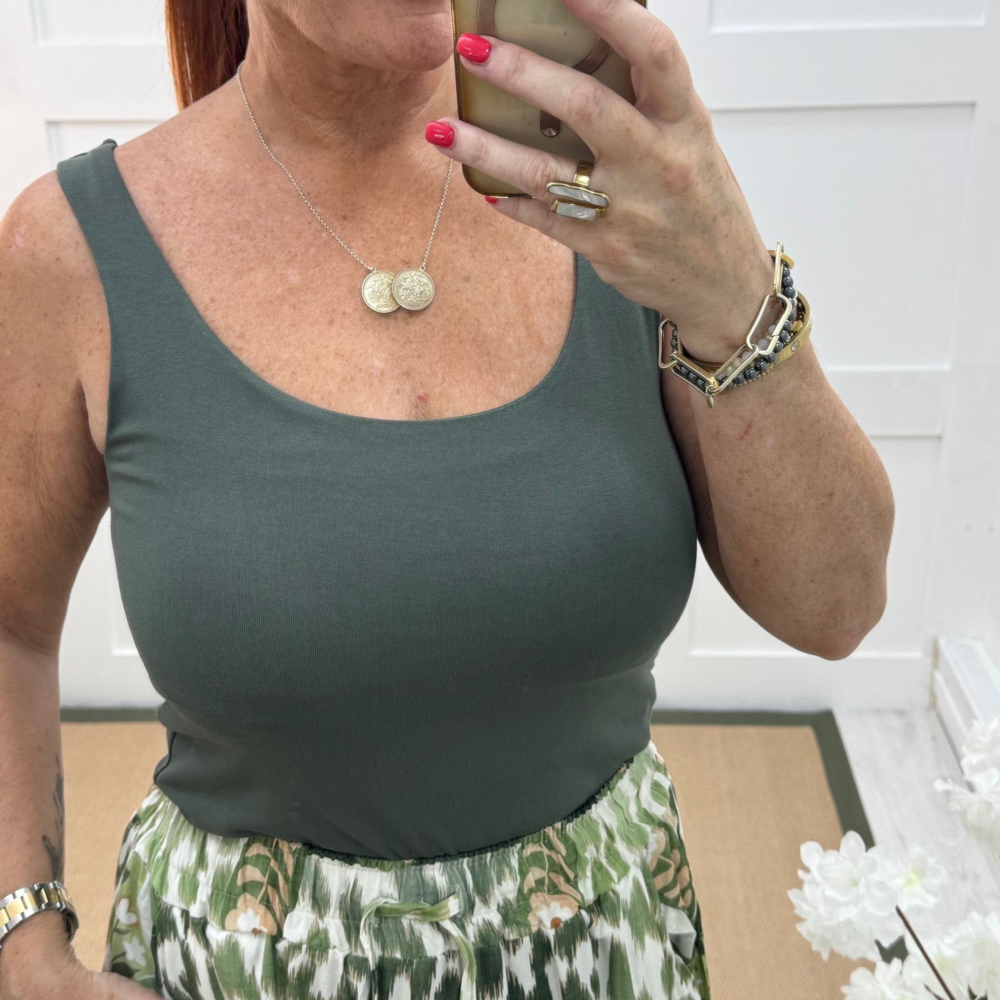 Abigail: Stretchy basic khaki vest top. 2 sizes