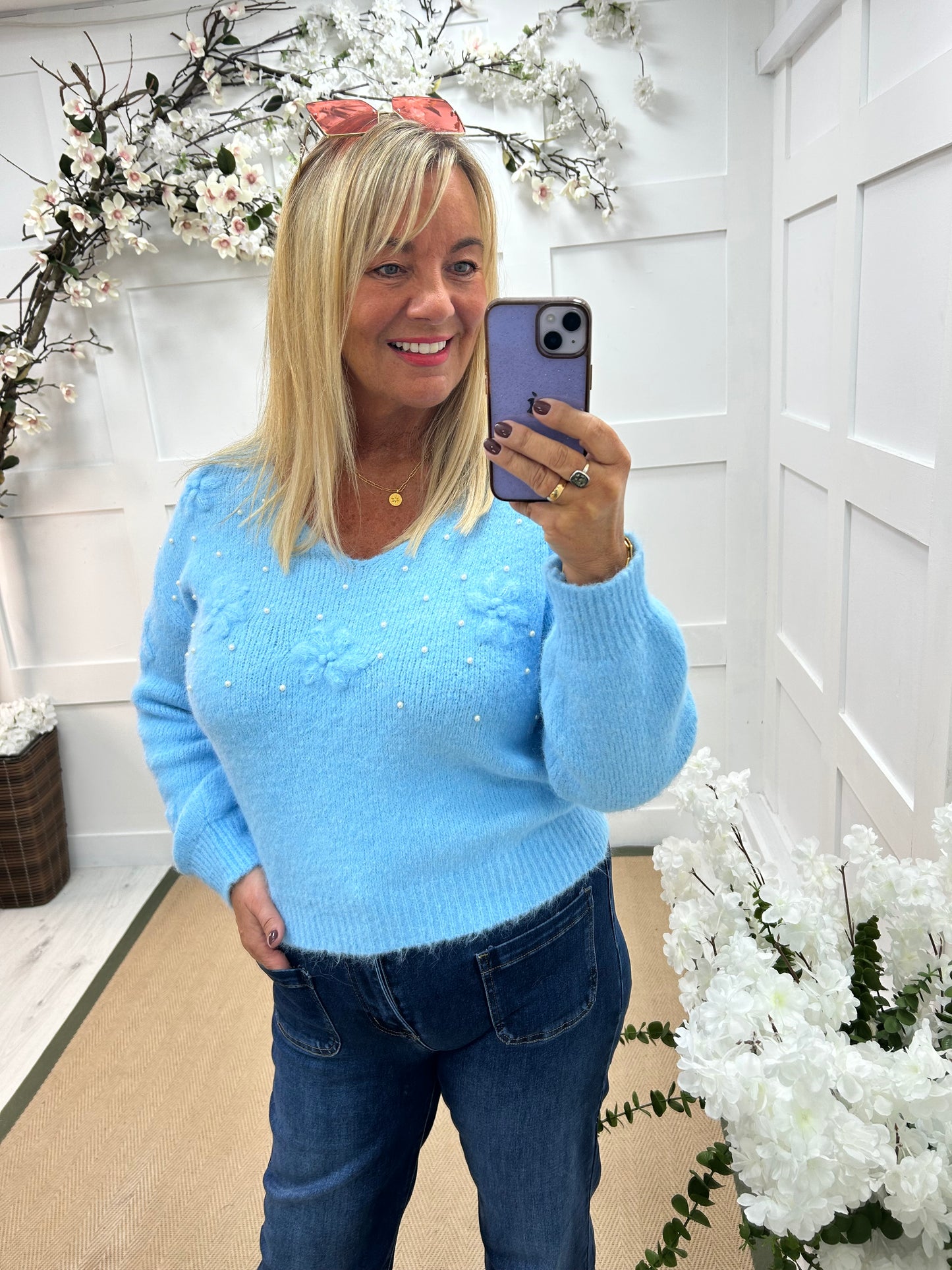 Selina: Blue batwing knitted top. One size: 12-18/20