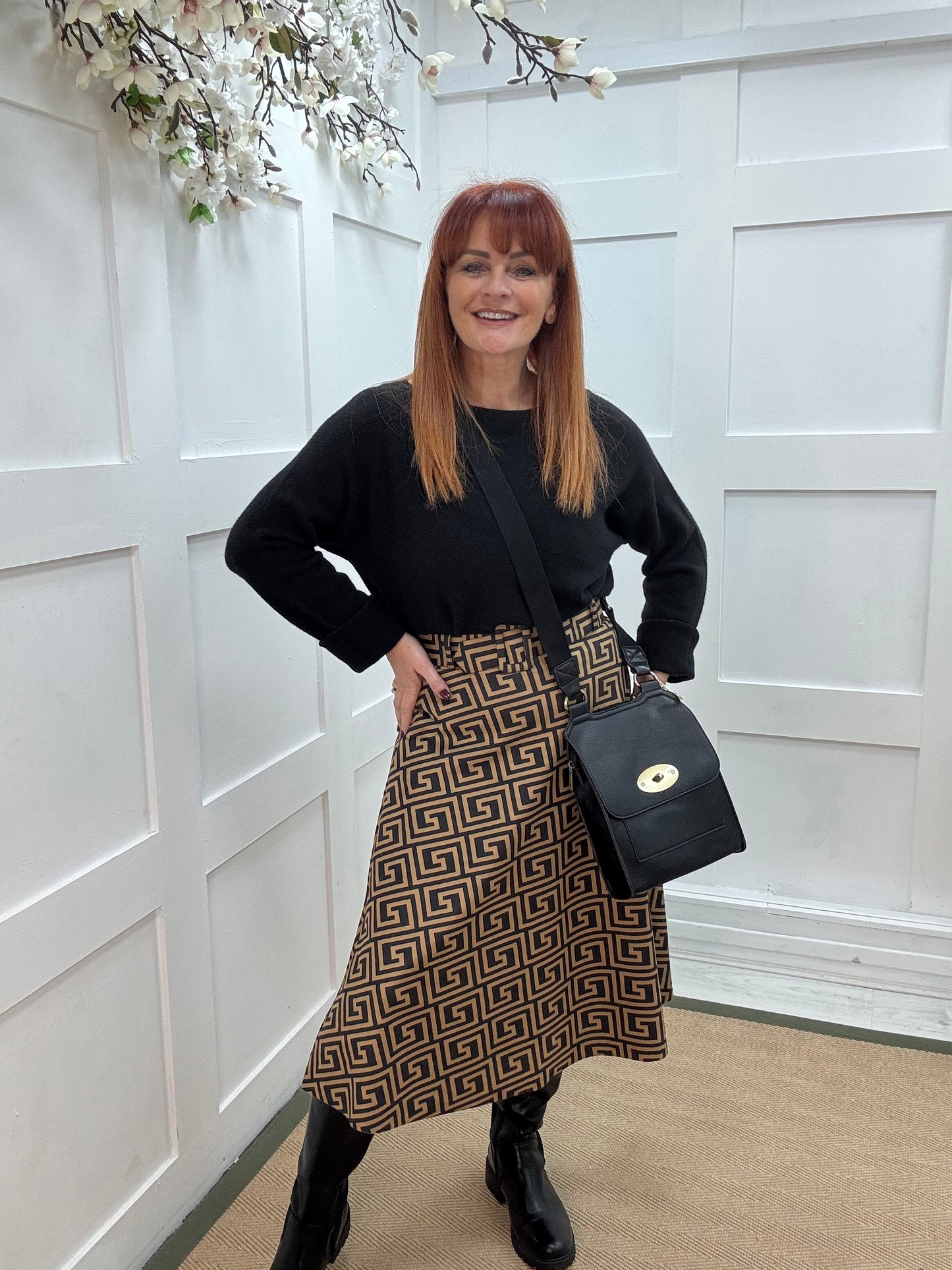 Myla: Black & mustard designer inspired belted skirt. One size 8-12