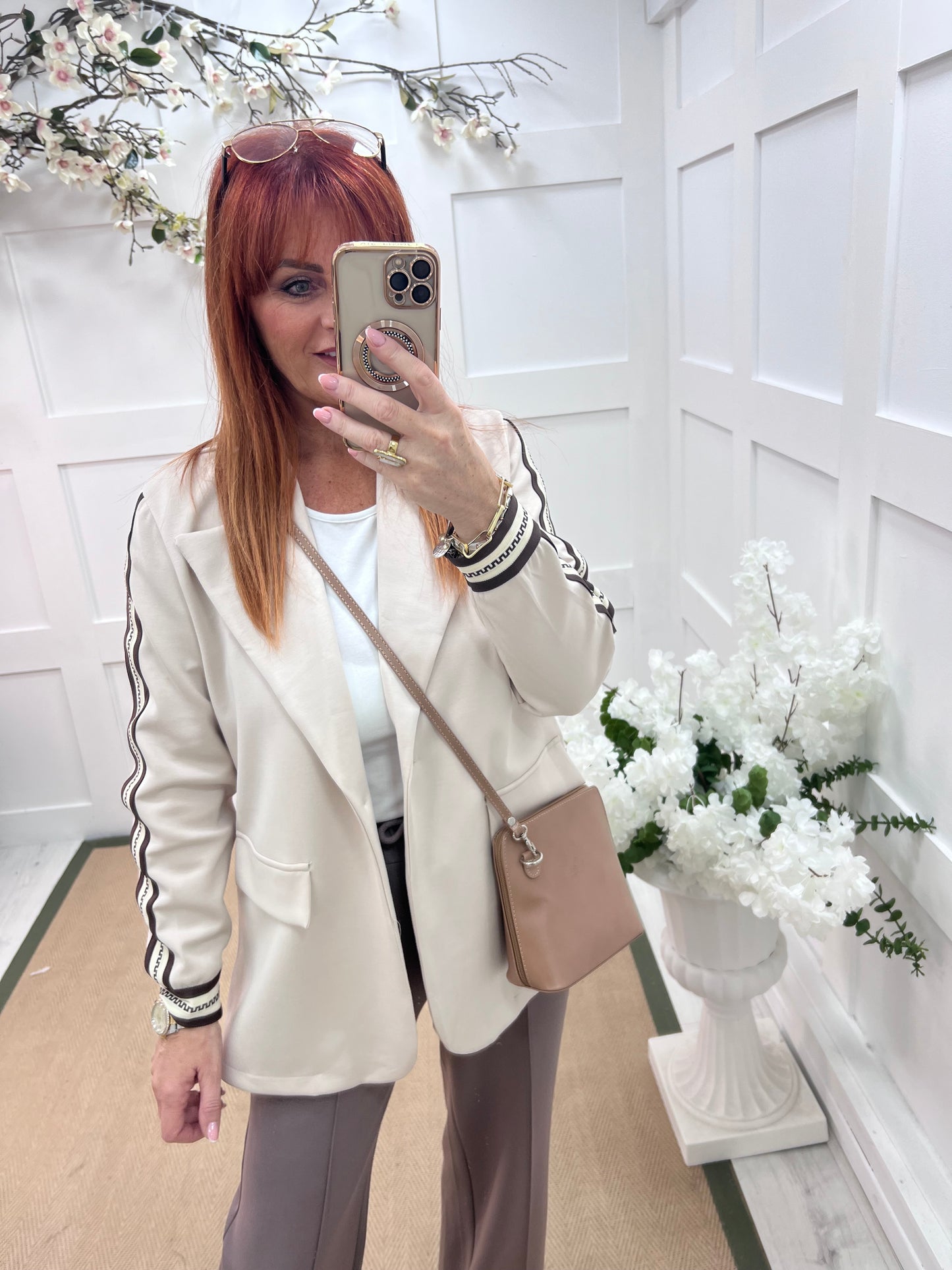 Ines: Cream sports stripe sleeve blazer. One size: 12-16