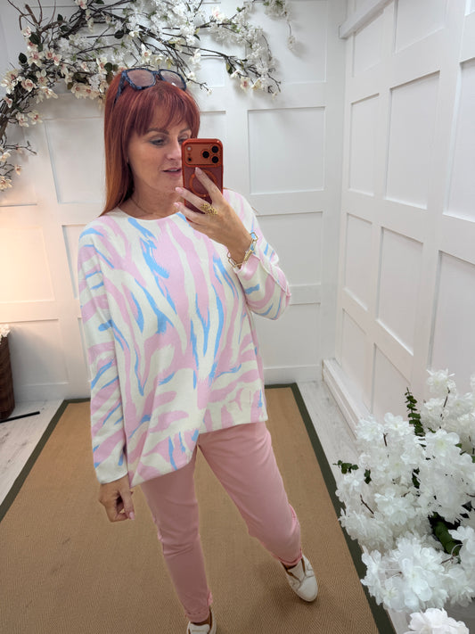 Lilia: Pink & blue zebra print long sleeve top. One size: 12-20