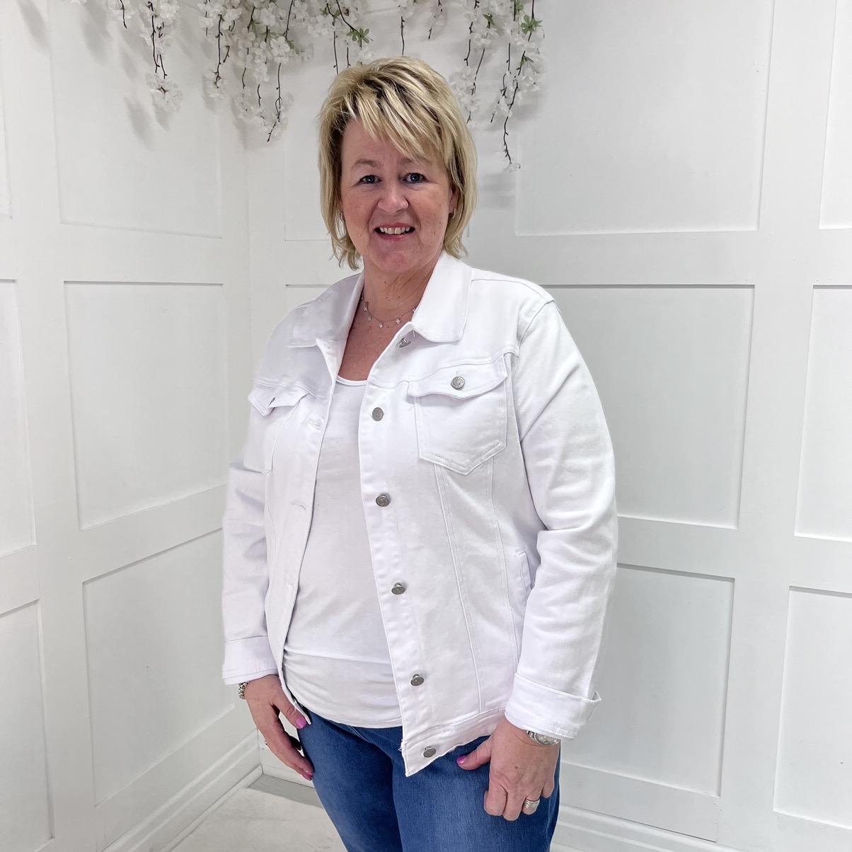 Shona: White stretchy denim jacket. Sizes 14-26