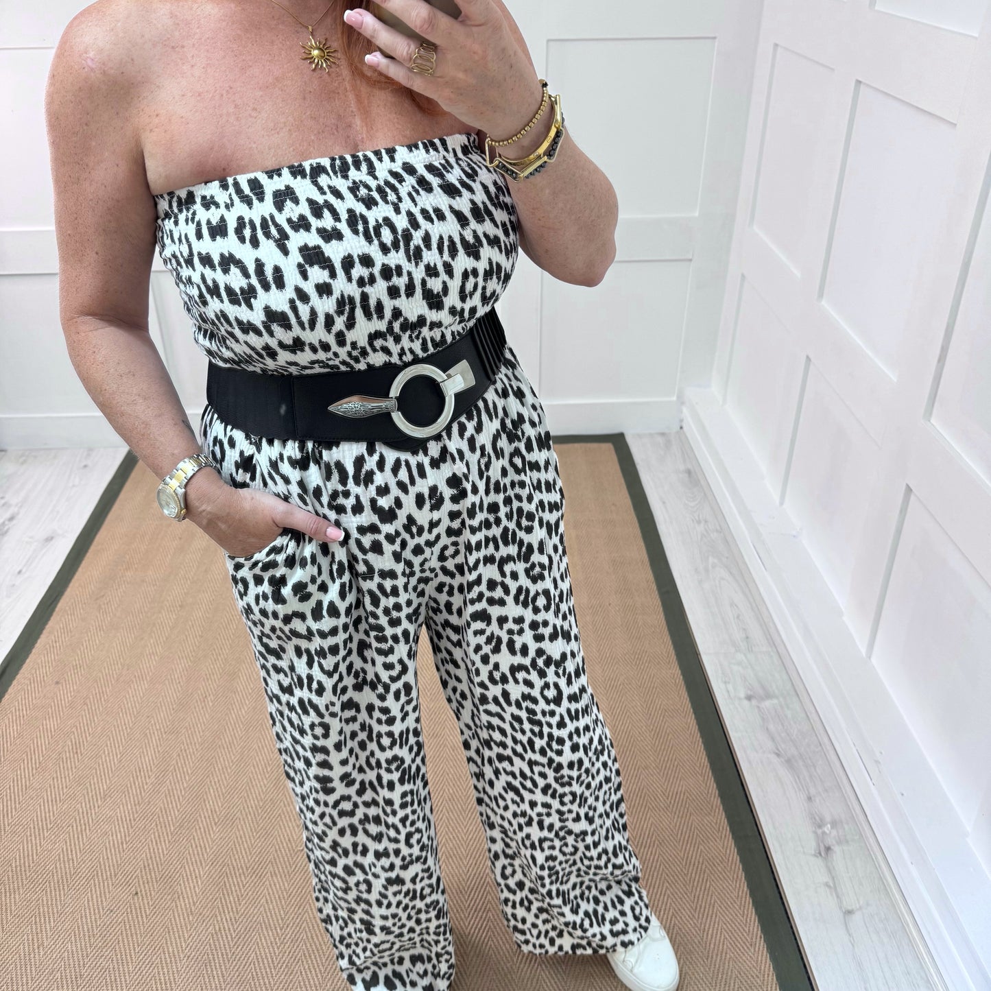 Hollie: Black leopard print wide leg jumpsuit. One size: 12-18