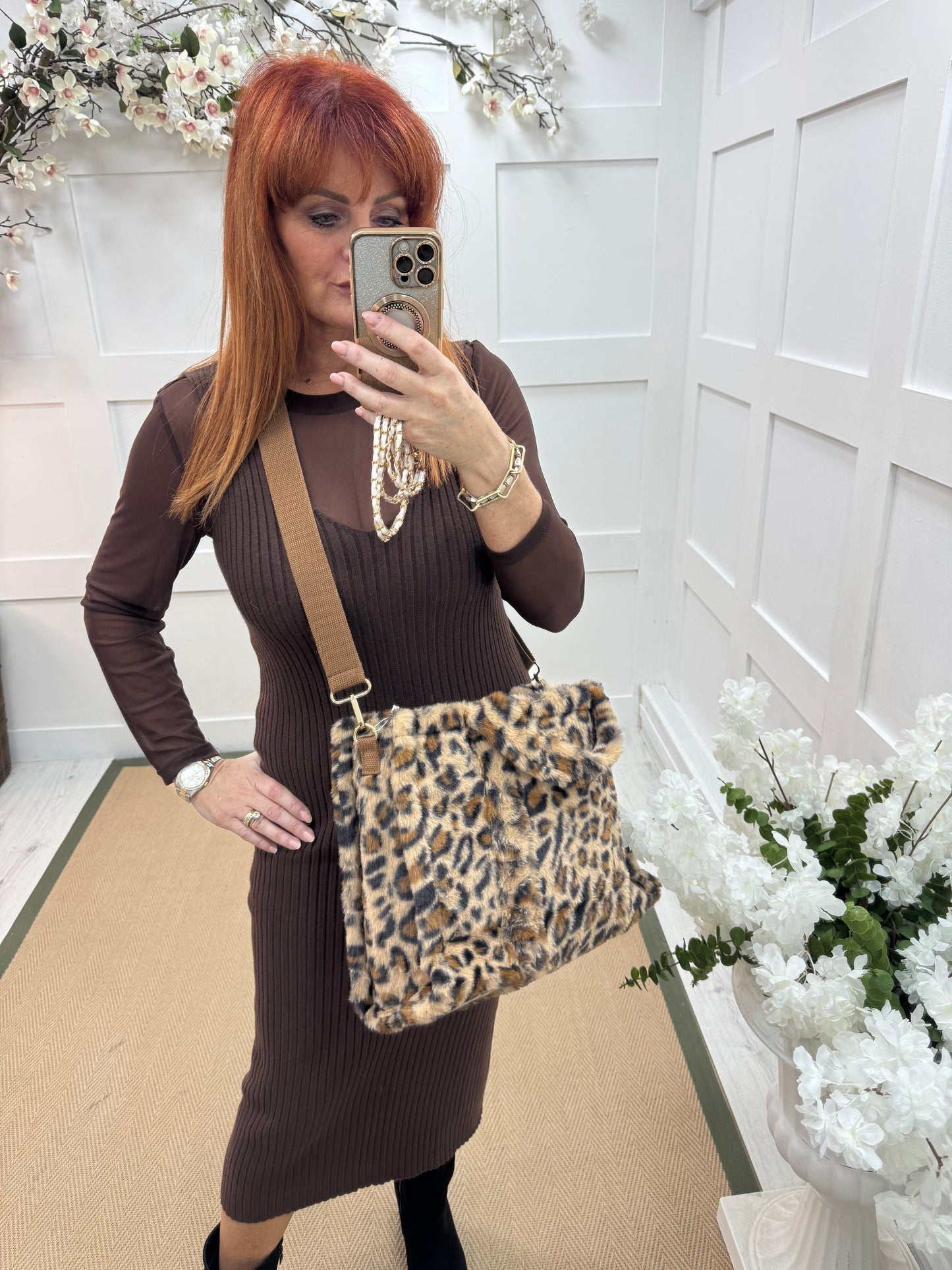 Beth: Large faux fur leopard print tote bag