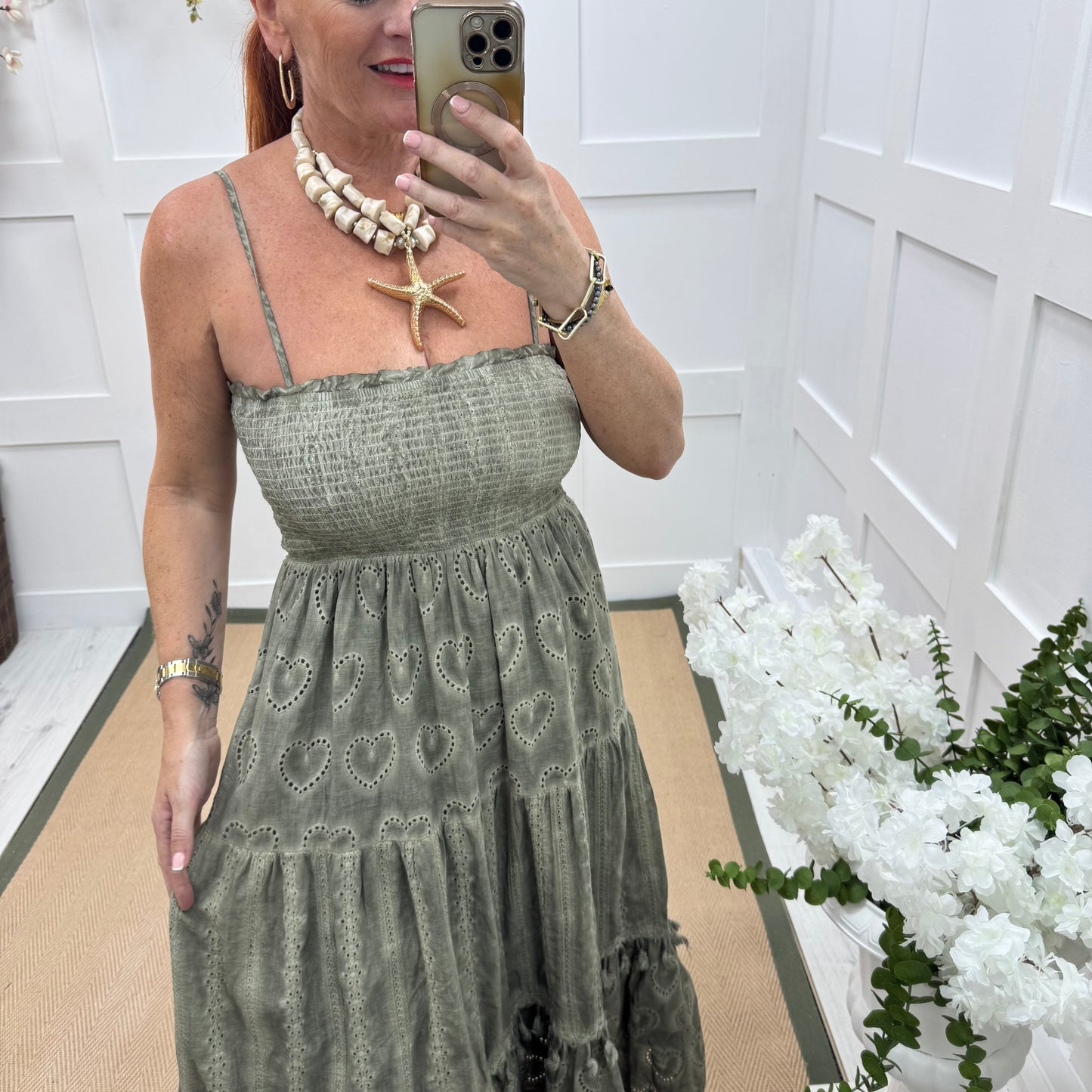 Perrie: Khaki broderie Anglaise strappy midi dress. One size: 10-18