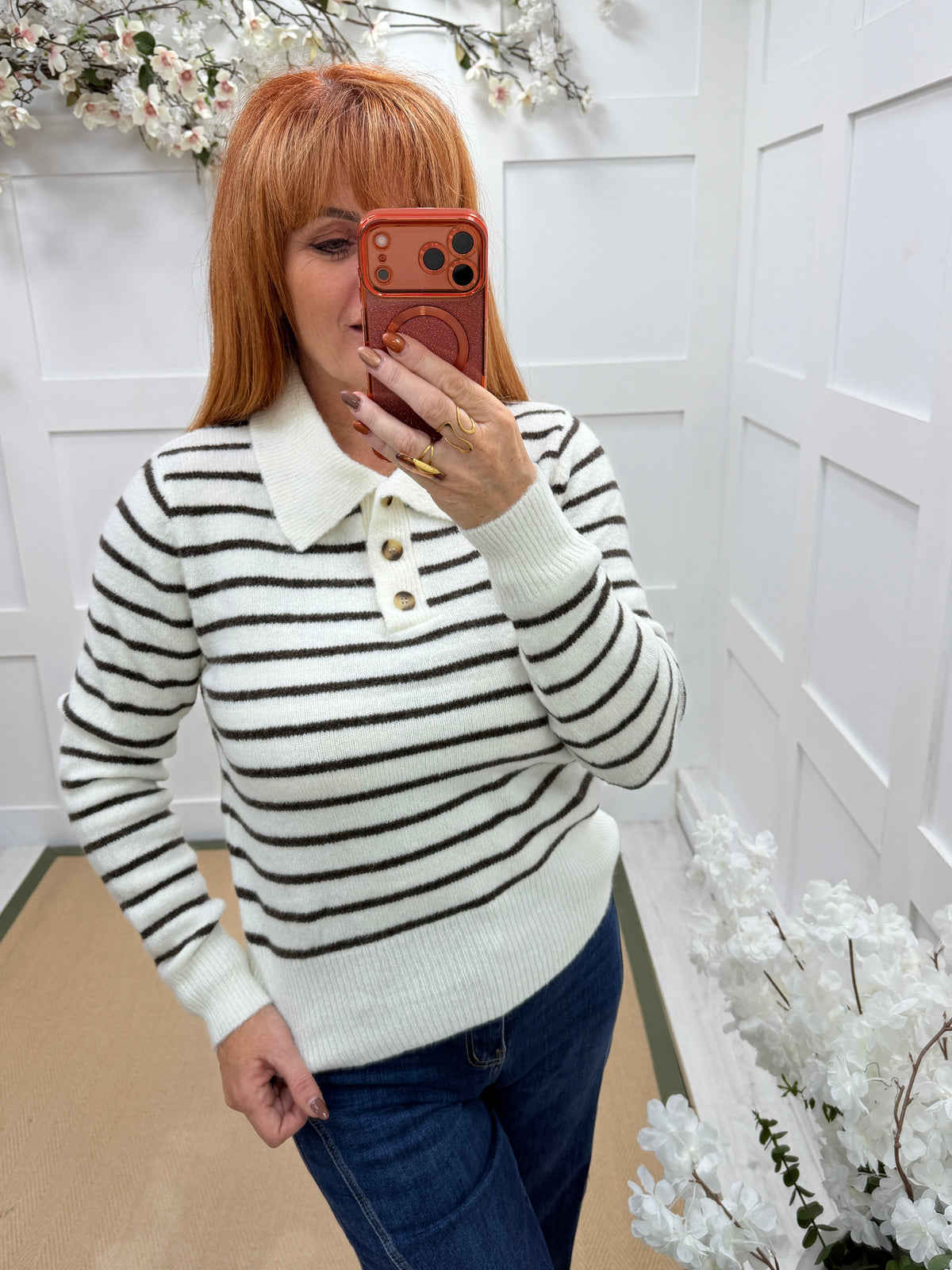 Sophie: Collared long sleeve striped soft knit top. One size: 10-16. 2 colours