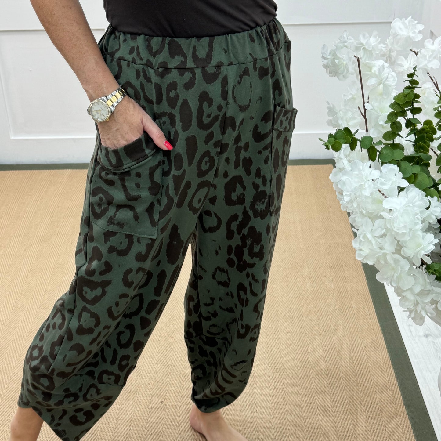 Rowan: Khaki leopard print cocoon harem trousers. One Sz: 10-18
