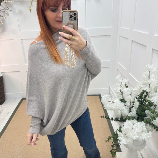 Erica: Oatmeal/beige asymmetrical slouch soft knit top. One size 10-18