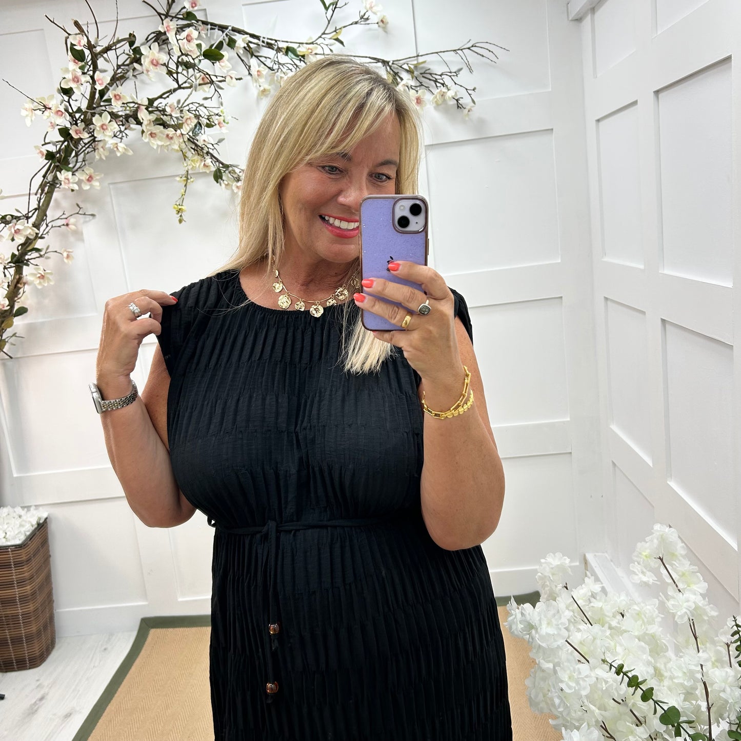 Serena: Black waffle belted midi dress. One size 14-20