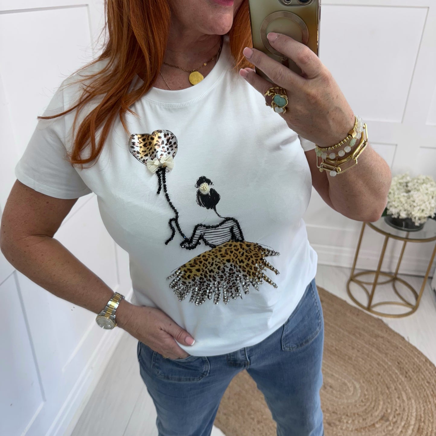 Jenn: White & leopard diamanté’ ballerina T shirt. 2 sizes