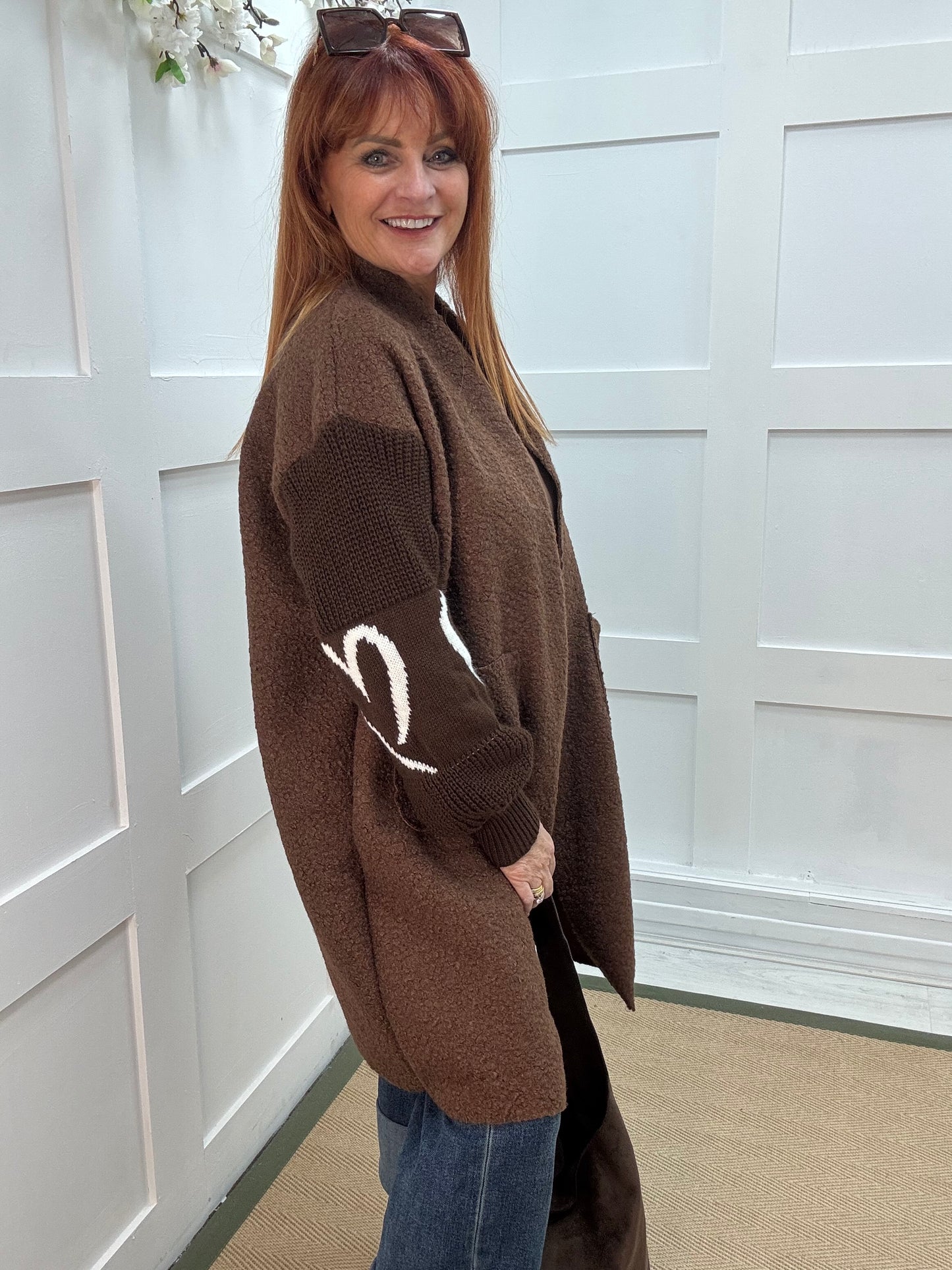 Kara: Brown boucle long edge to edge coat. One size 10 - 18