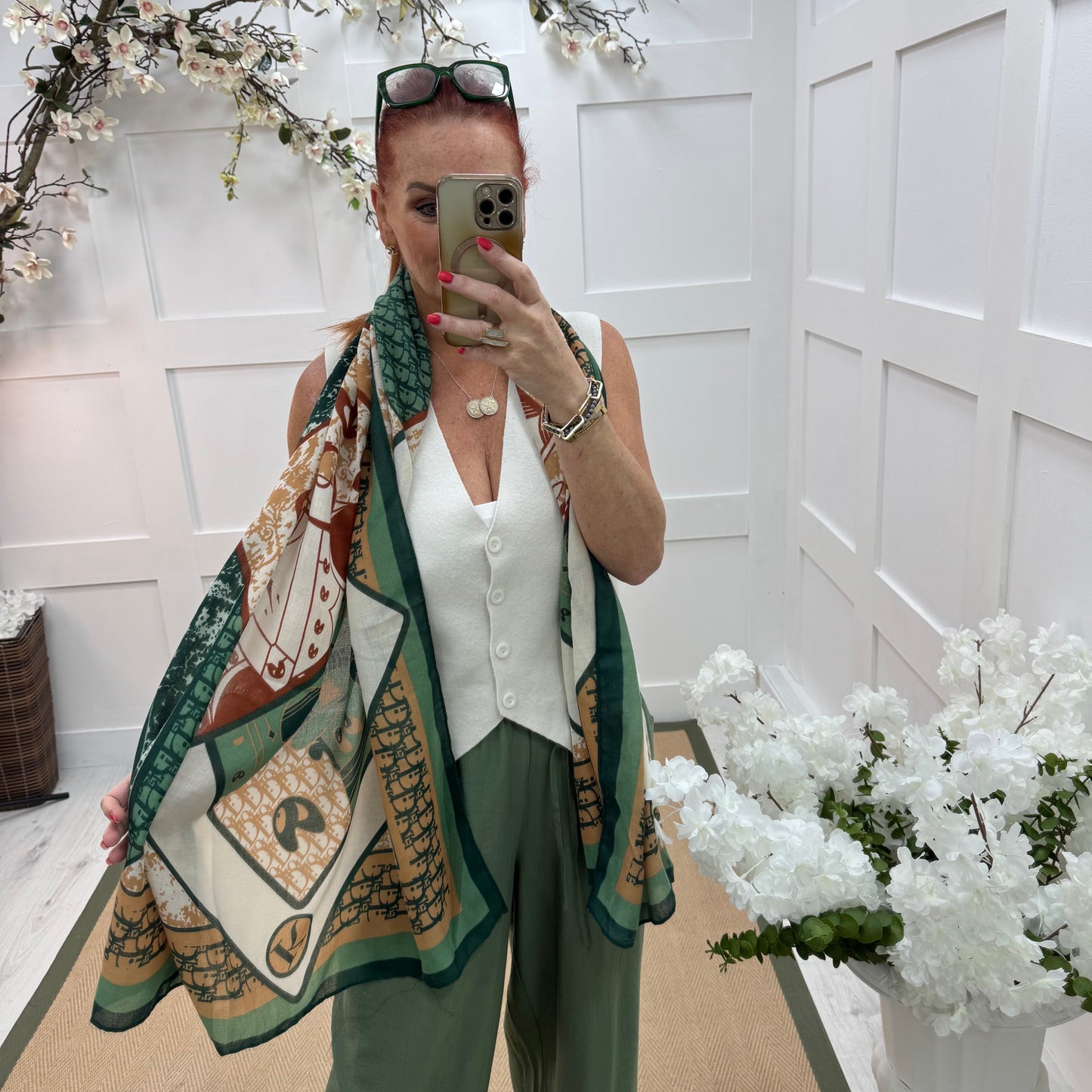 Dion: Green & cream designer inspired scarf