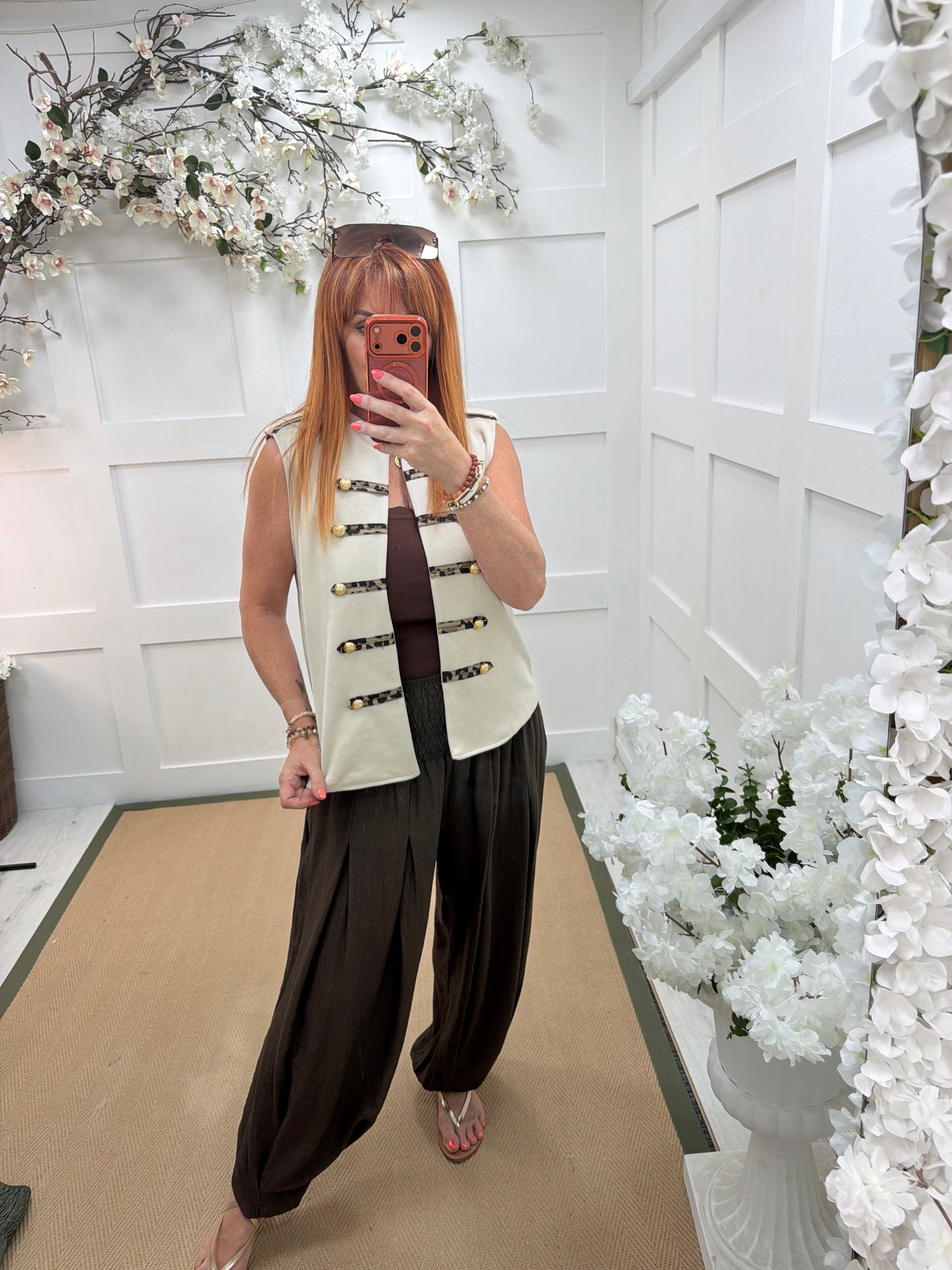 Lyla: Military leopard detail waistcoat. One size: 10-16. 2 colours