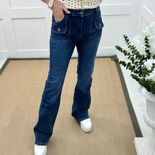 Rey: Dark blue pocket bootcut jeans. Sizes: 8-16