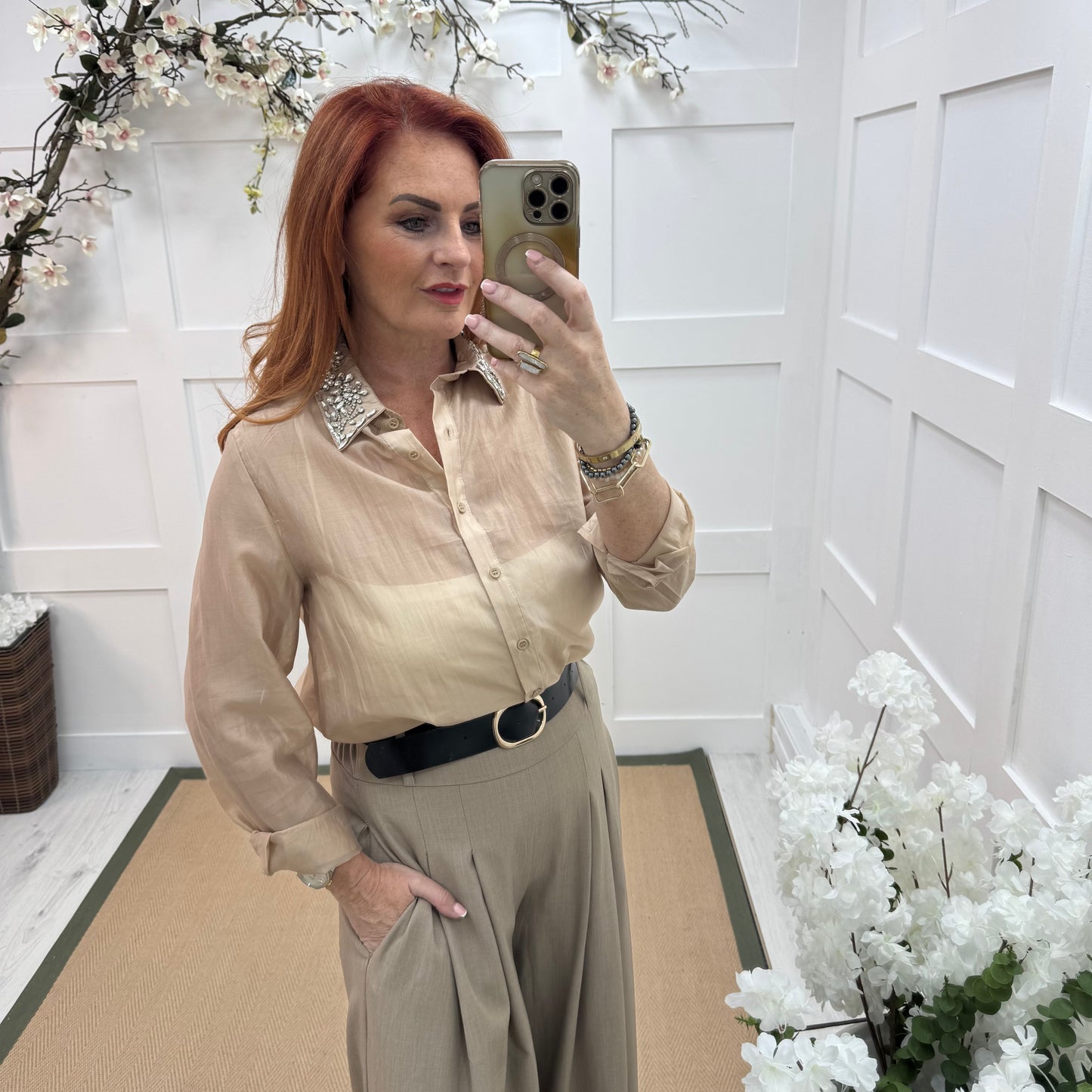 Zina: Taupe pocket wide leg trousers. One size: 8-14