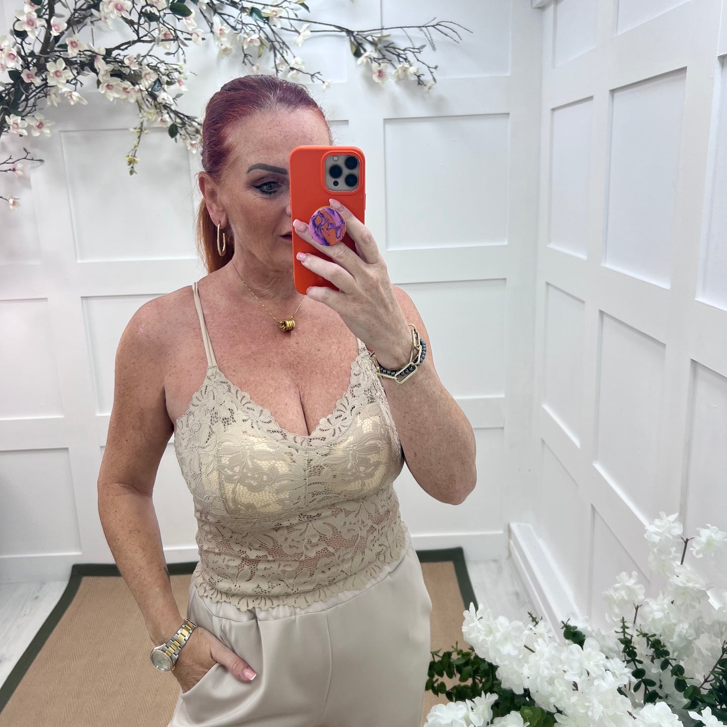 Fifi: Beige strappy lace bralette. One size 8-12