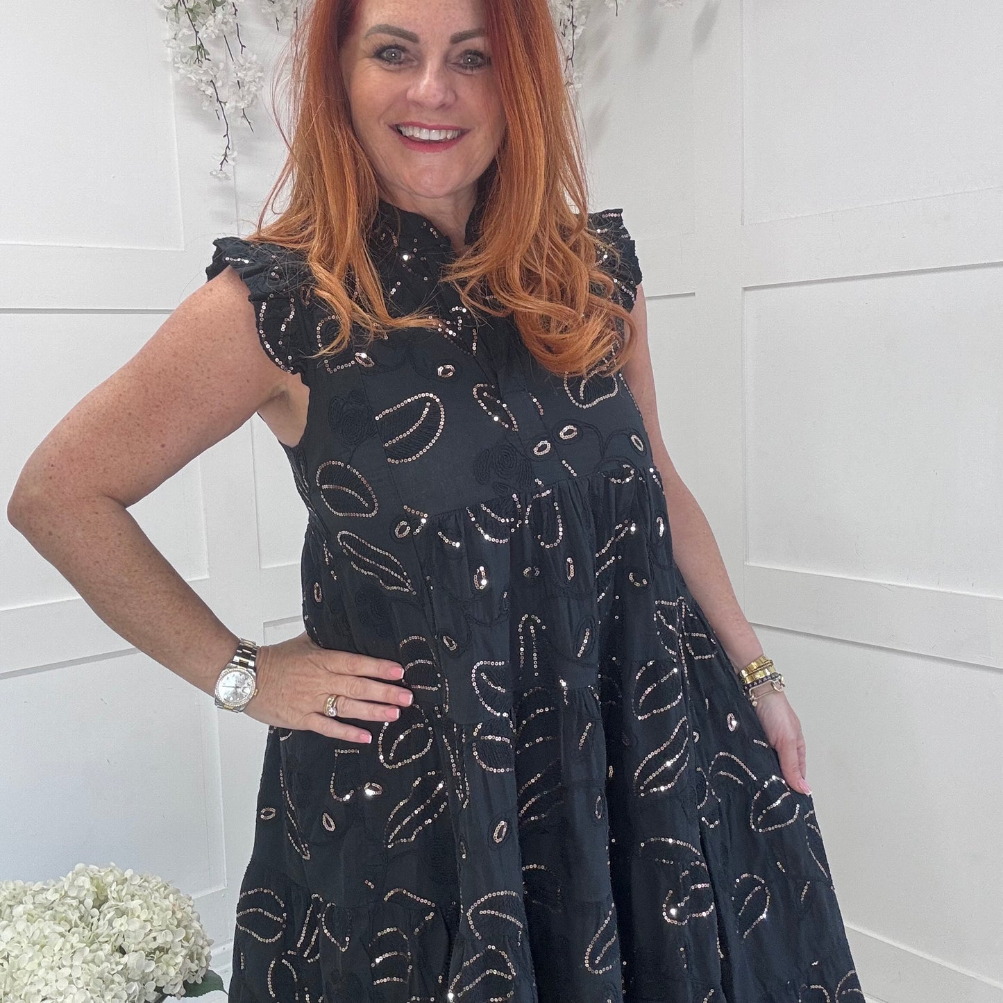 Ezra: Black sequin midi dress. One size 10-14